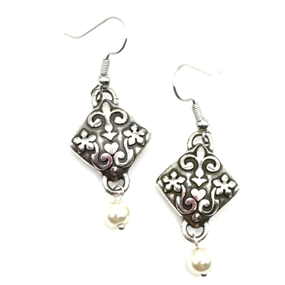 Brighton Gaudi Fleur de Lis Pearl Beads Dangle Squares Custom Silver Earrings